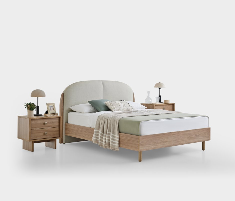 Perge Velvet-Textured Fabric, Bedstead with Headboard - Bone