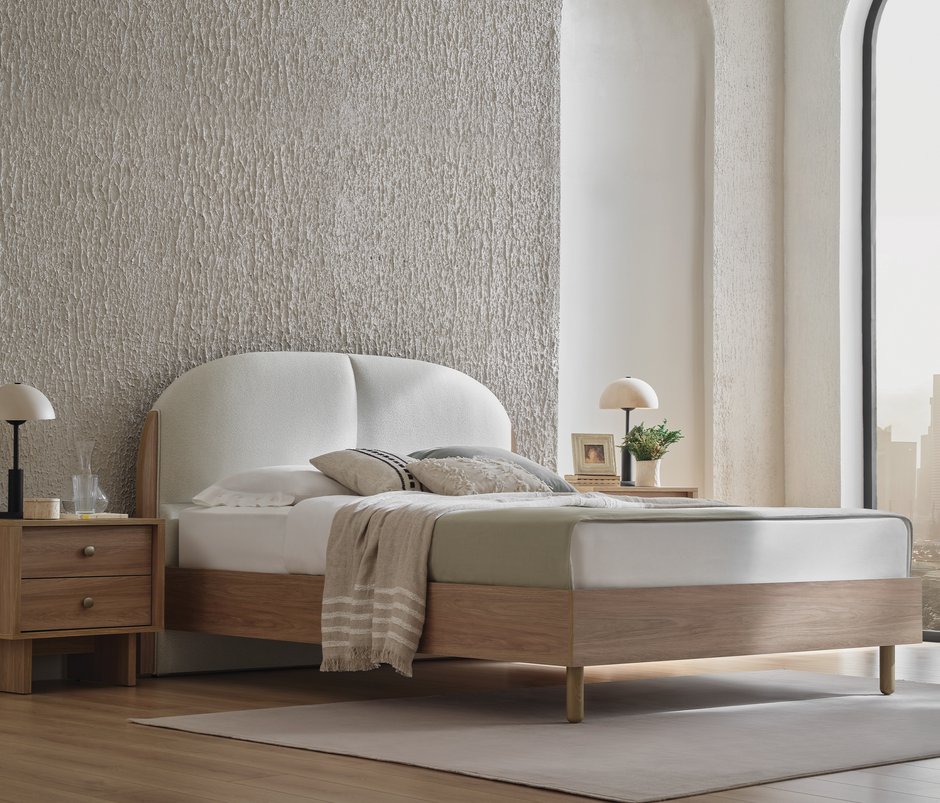 Perge Velvet-Textured Fabric, Bedstead with Headboard - Bone