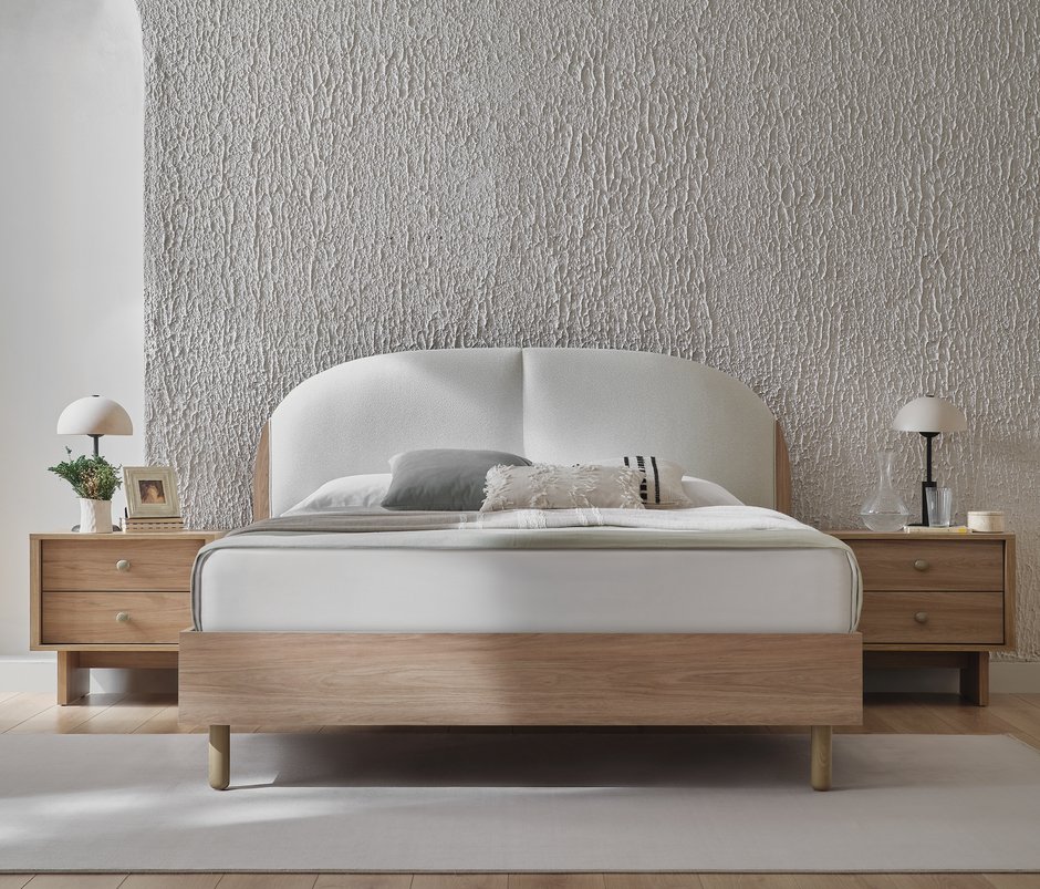 Perge Velvet-Textured Fabric, Bedstead with Headboard - Bone