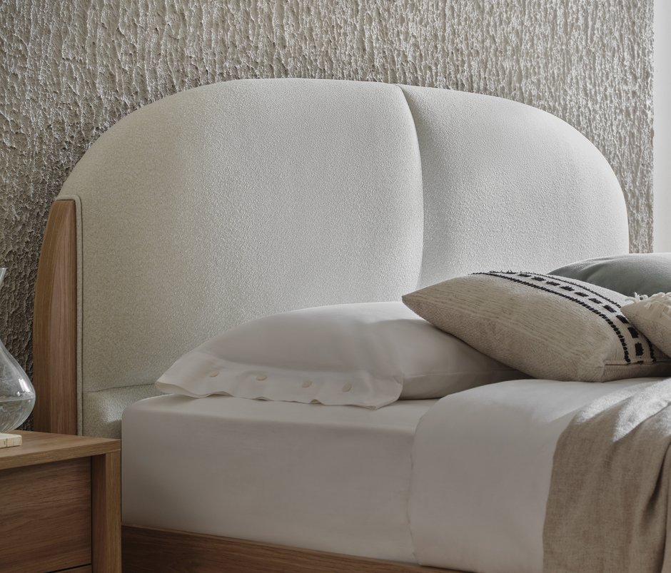 Perge Velvet-Textured Fabric, Bedstead with Headboard - Bone