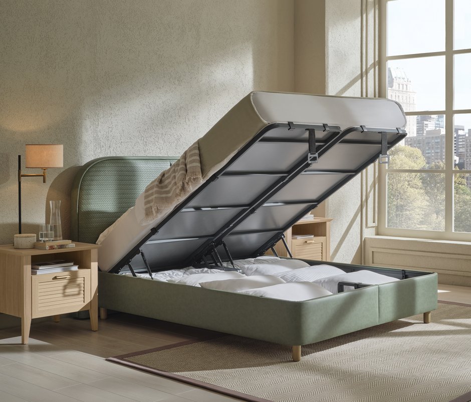 Verona Leather-Look Fabric, Storage Bed Base with Headboard - Khaki