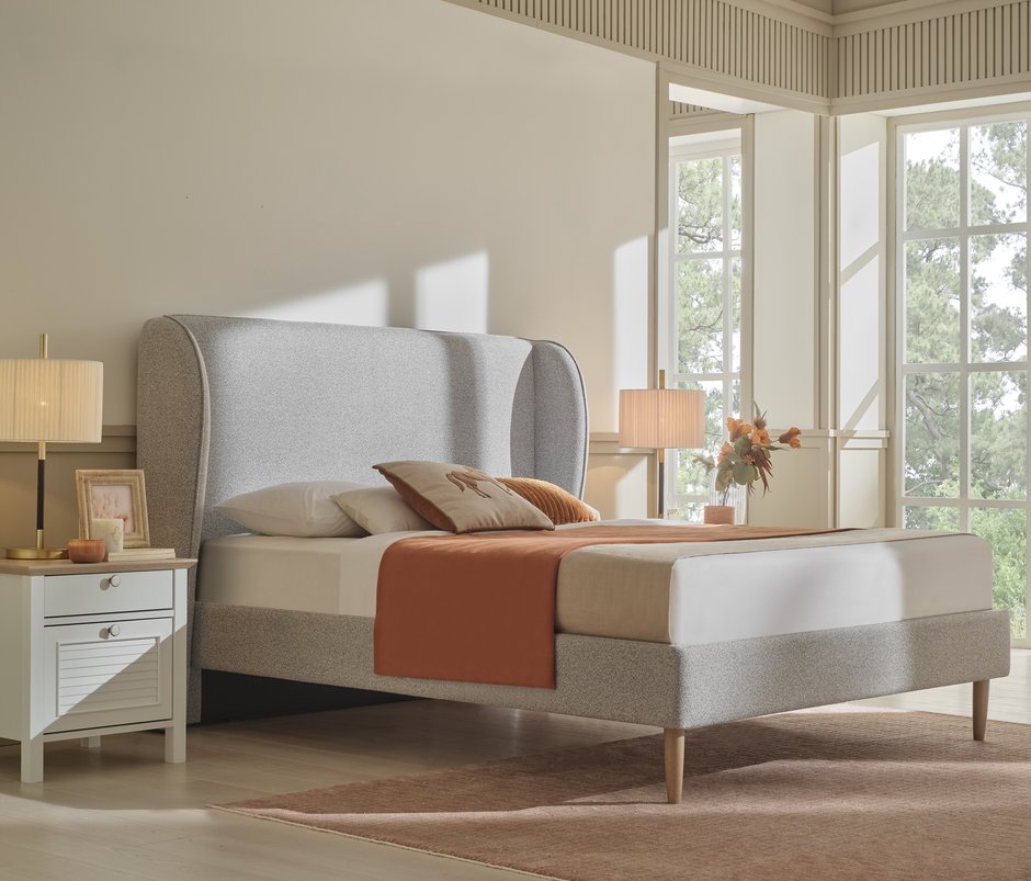 Marsell Linen-Textured Fabric, Bedstead with Headboard - Light Gray