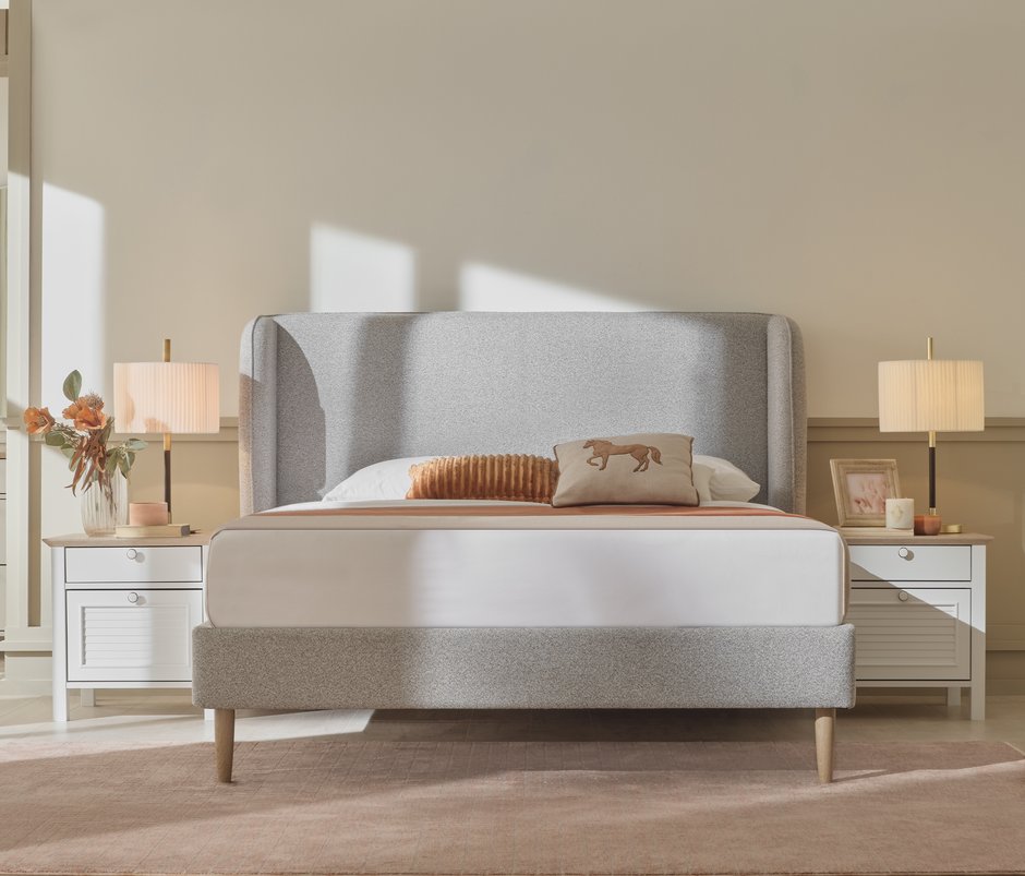 Marsell Linen-Textured Fabric, Bedstead with Headboard - Light Gray