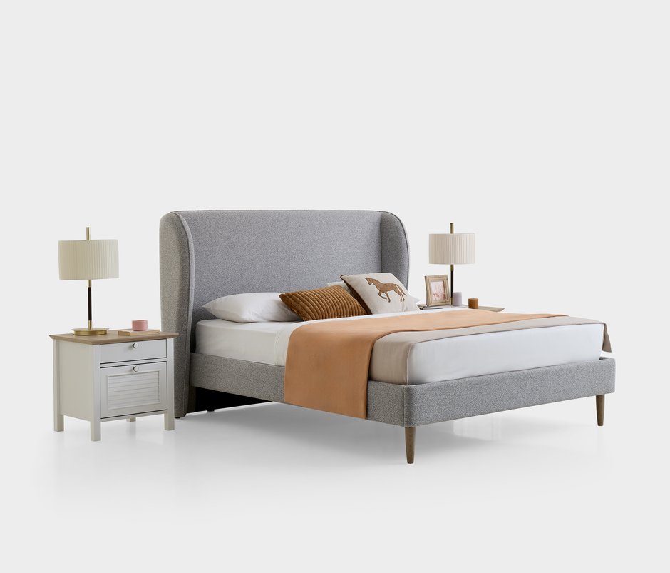Marsell Linen-Textured Fabric, Bedstead with Headboard - Light Gray