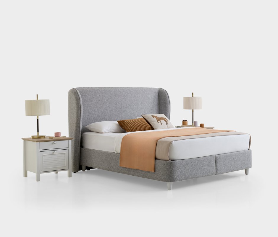 Marsell Linen-Textured Fabric, Storage Bed Base with Headboard - Light Gray